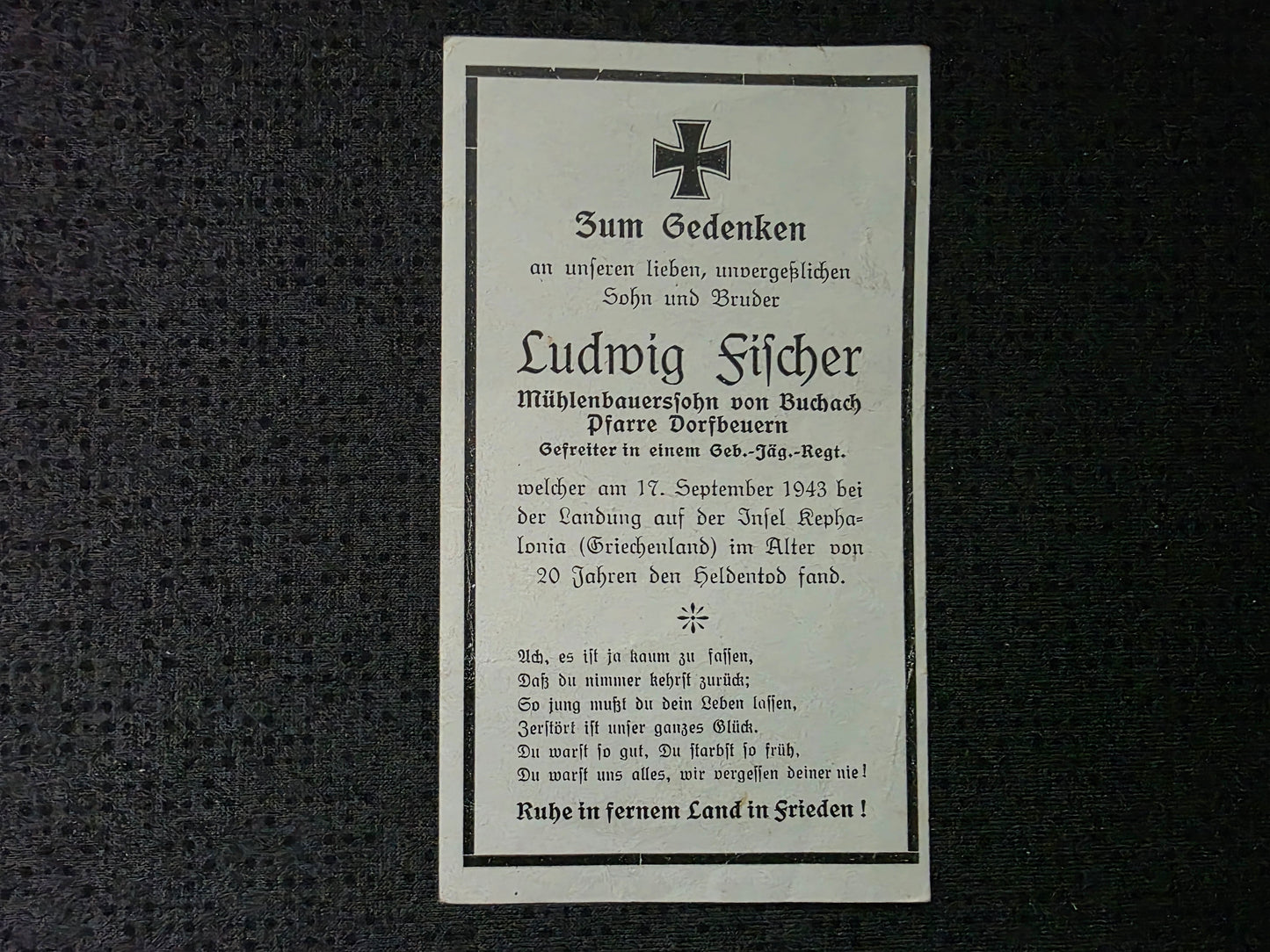 Sterbebild Gefreiter Dorfbeuren 13. Komp. Geb.-Jäger Regt. 98 Kephalonia Griechenland