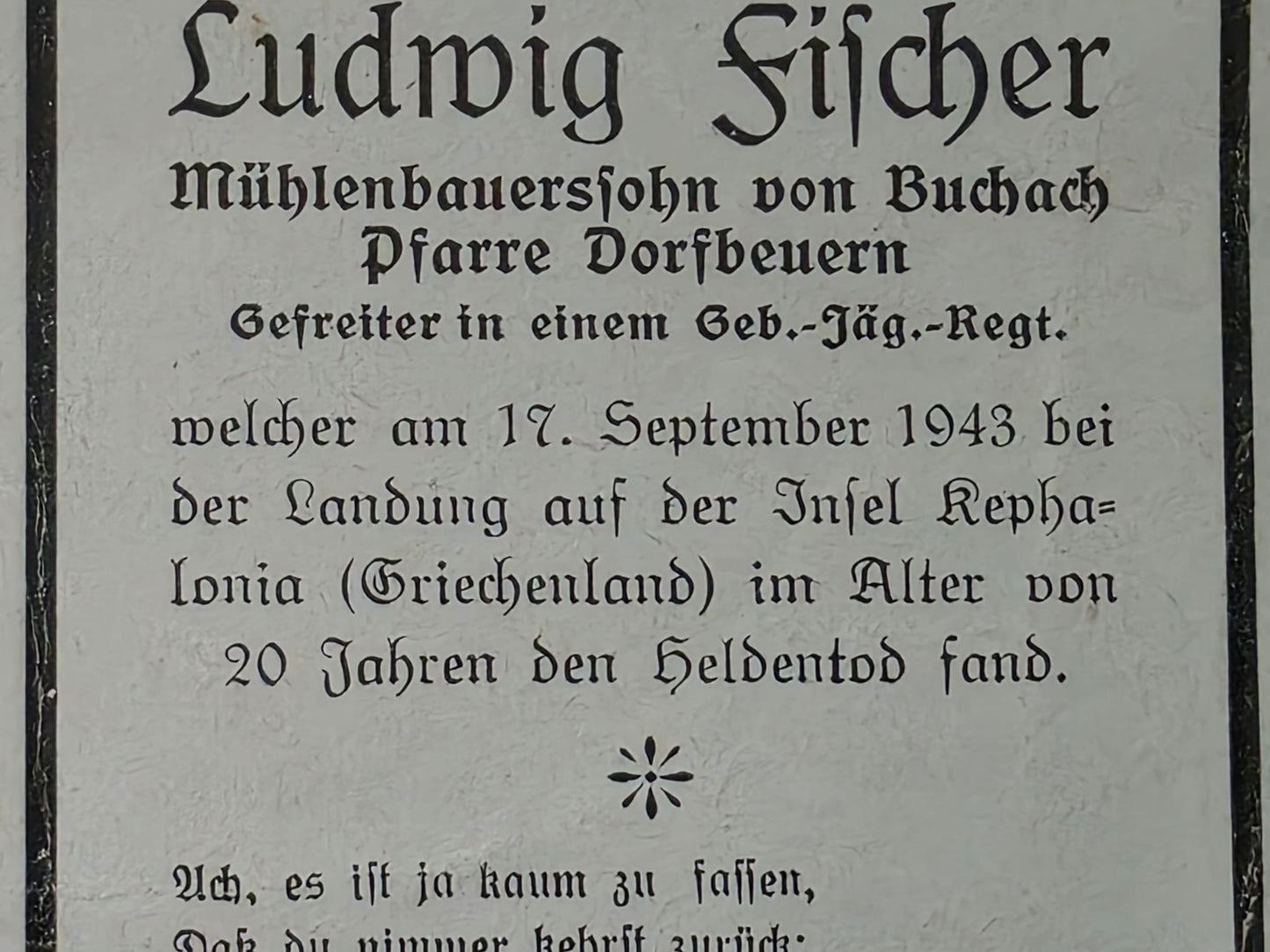 Sterbebild Gefreiter Dorfbeuren 13. Komp. Geb.-Jäger Regt. 98 Kephalonia Griechenland