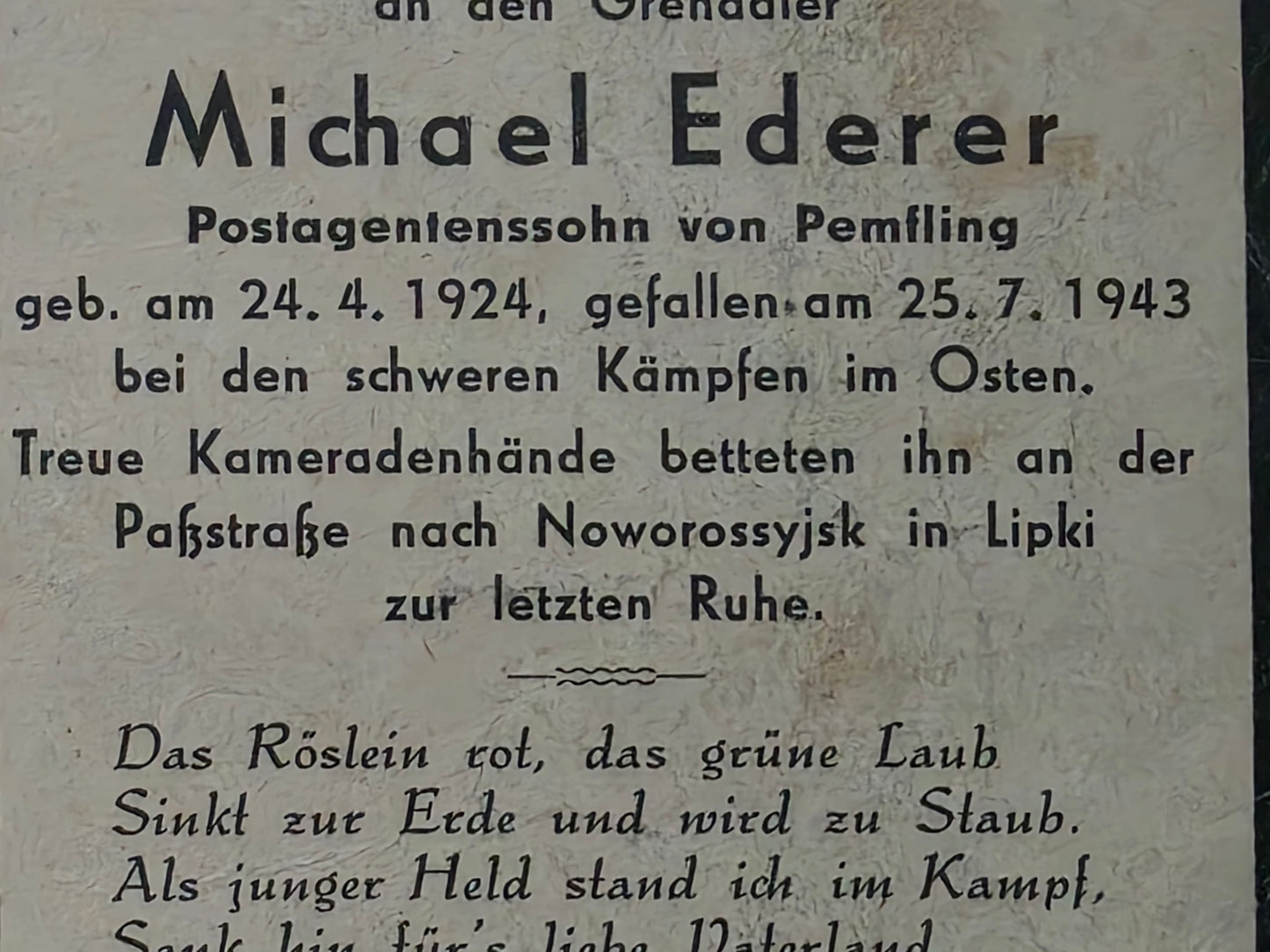 Sterbebild Grenadier Pemfling 11. Komp. Gren. Regt. 170 Noworossijsk Russland
