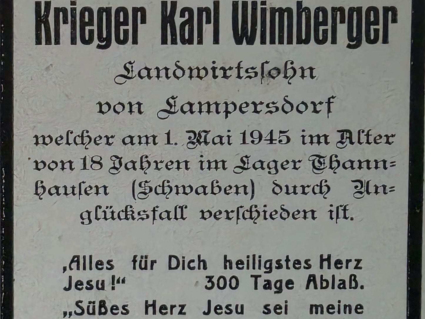 Sterbebild Schütze Lampertsdorf 18 Jahre Endkampf Lager Thannhausen Schwaben