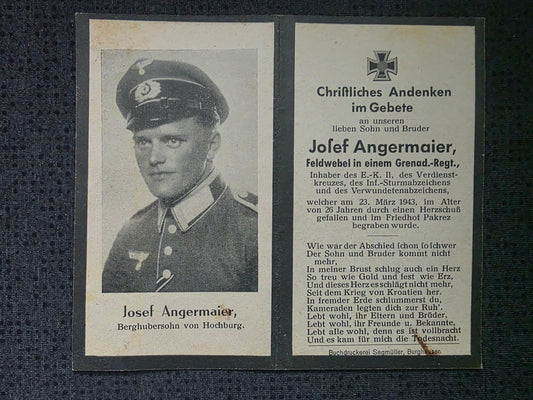 Sterbebild Feldwebel Hochburg 6. Komp. Res. Gren. Regt. 45 Kroatien
