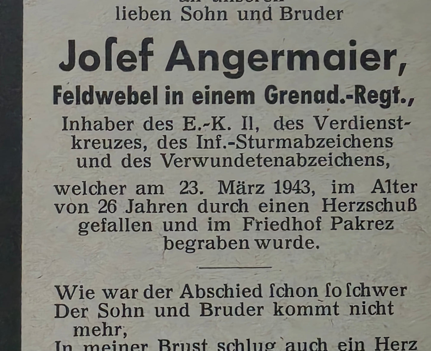Sterbebild Feldwebel Hochburg 6. Komp. Res. Gren. Regt. 45 Kroatien