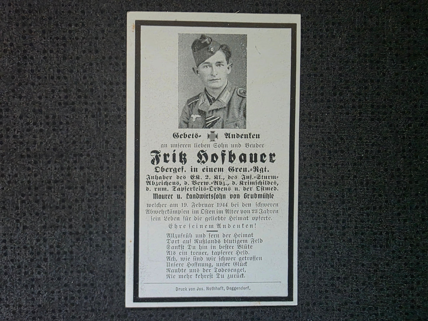 Sterbebild Obergefreiter Grubmühle Gren. Regt. Krimschild Rumänischer Orden Osten