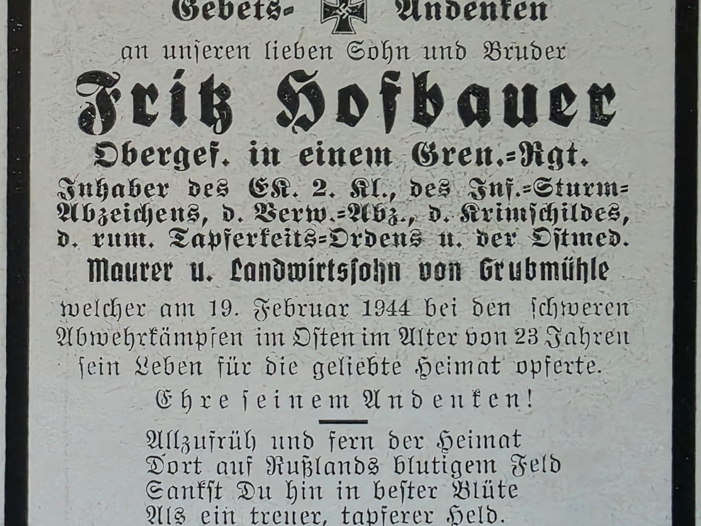 Sterbebild Obergefreiter Grubmühle Gren. Regt. Krimschild Rumänischer Orden Osten
