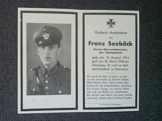 Sterbebild Oberwachtmeister Schutzpolizei Hengersberg SS-Polizei-Regt. 17 Ilmensee Korostyn Russland