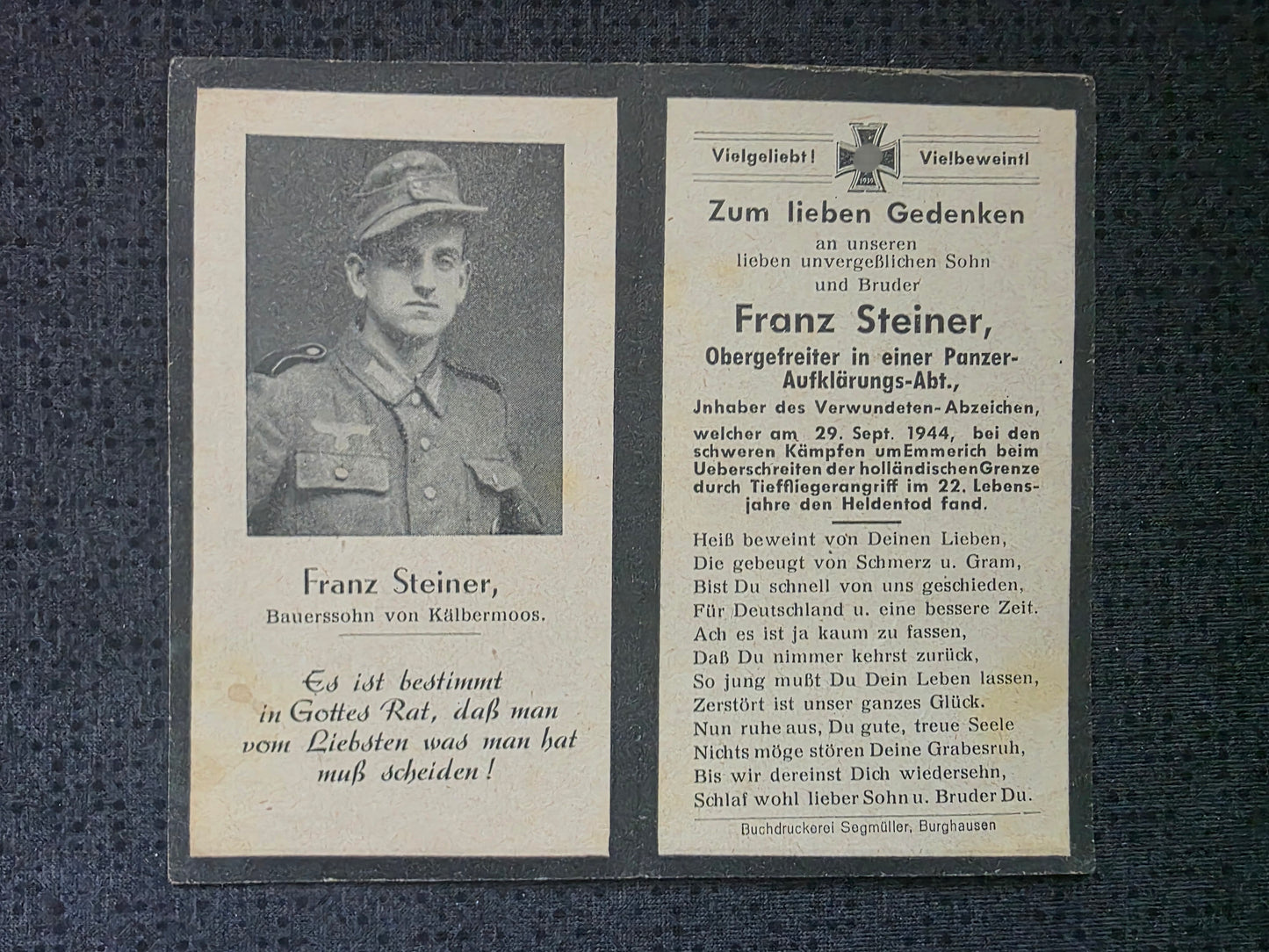 Sterbebild Obergefreiter Hochburg Panzeraufklärungs-Abt. Emmerich Etten Oude IJsselstreek Holland