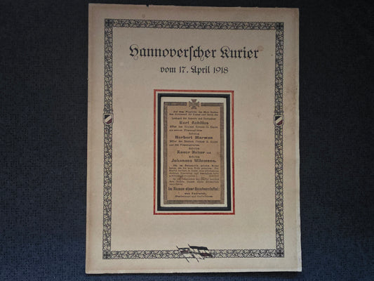 Trauer & Ehrentafel für gefallene Flieger WK I Hannoversche Kurier Gedenkanzeige Bomberstaffel 8 Eiserner Rahmen mit Wappen