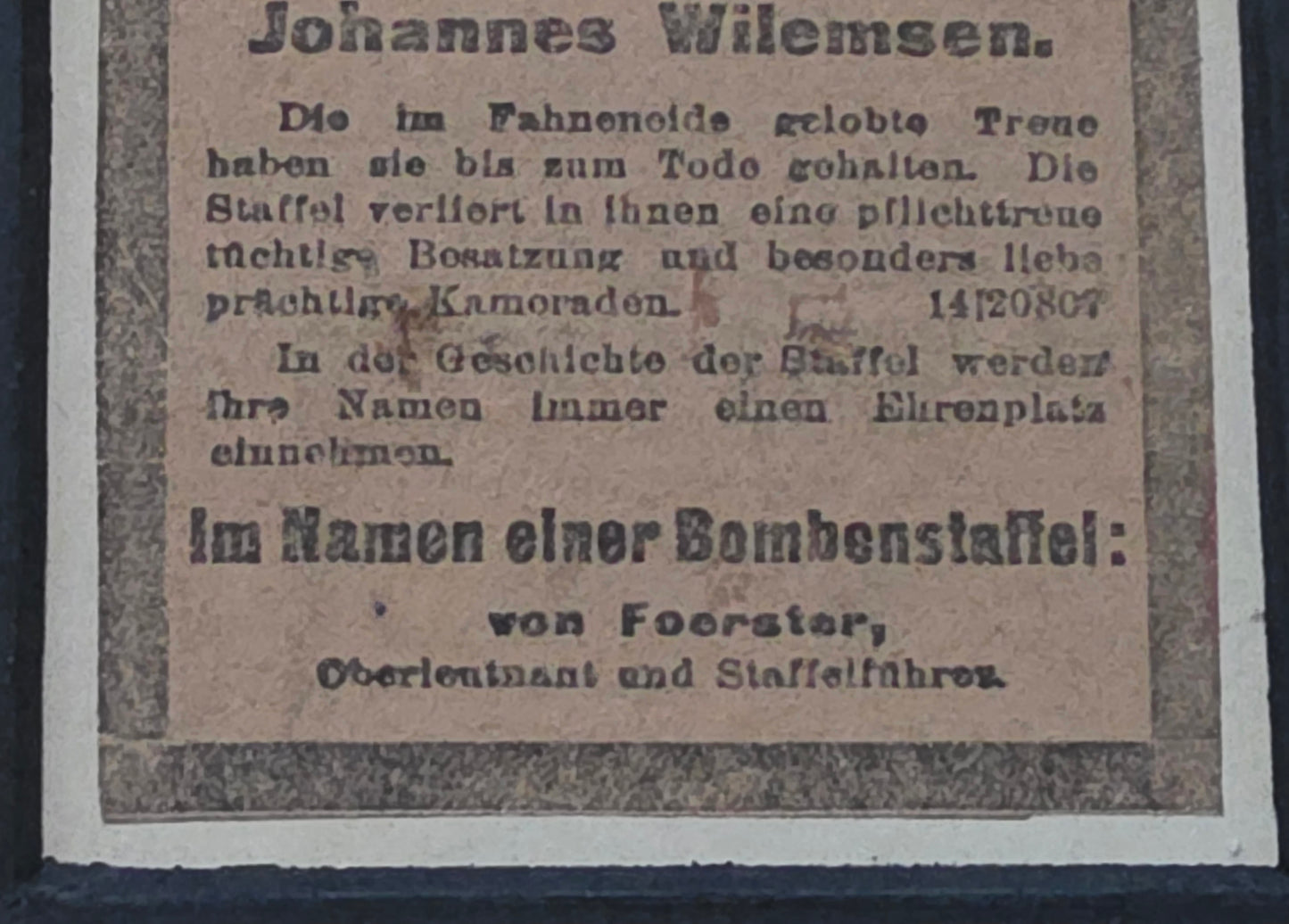 Trauer & Ehrentafel für gefallene Flieger WK I Hannoversche Kurier Gedenkanzeige Bomberstaffel 8 Eiserner Rahmen mit Wappen