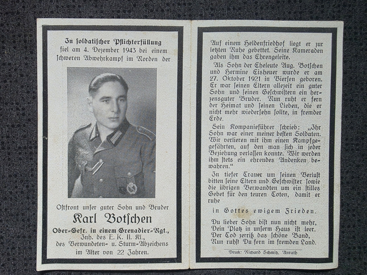 Sterbebild Obergefreiter Viersen 7. Komp. Gren. Regt. 422 Leningrad Russland