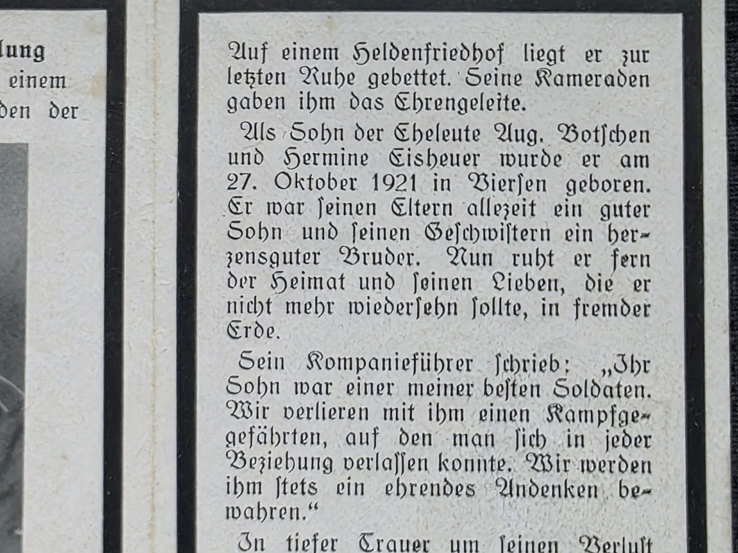 Sterbebild Obergefreiter Viersen 7. Komp. Gren. Regt. 422 Leningrad Russland