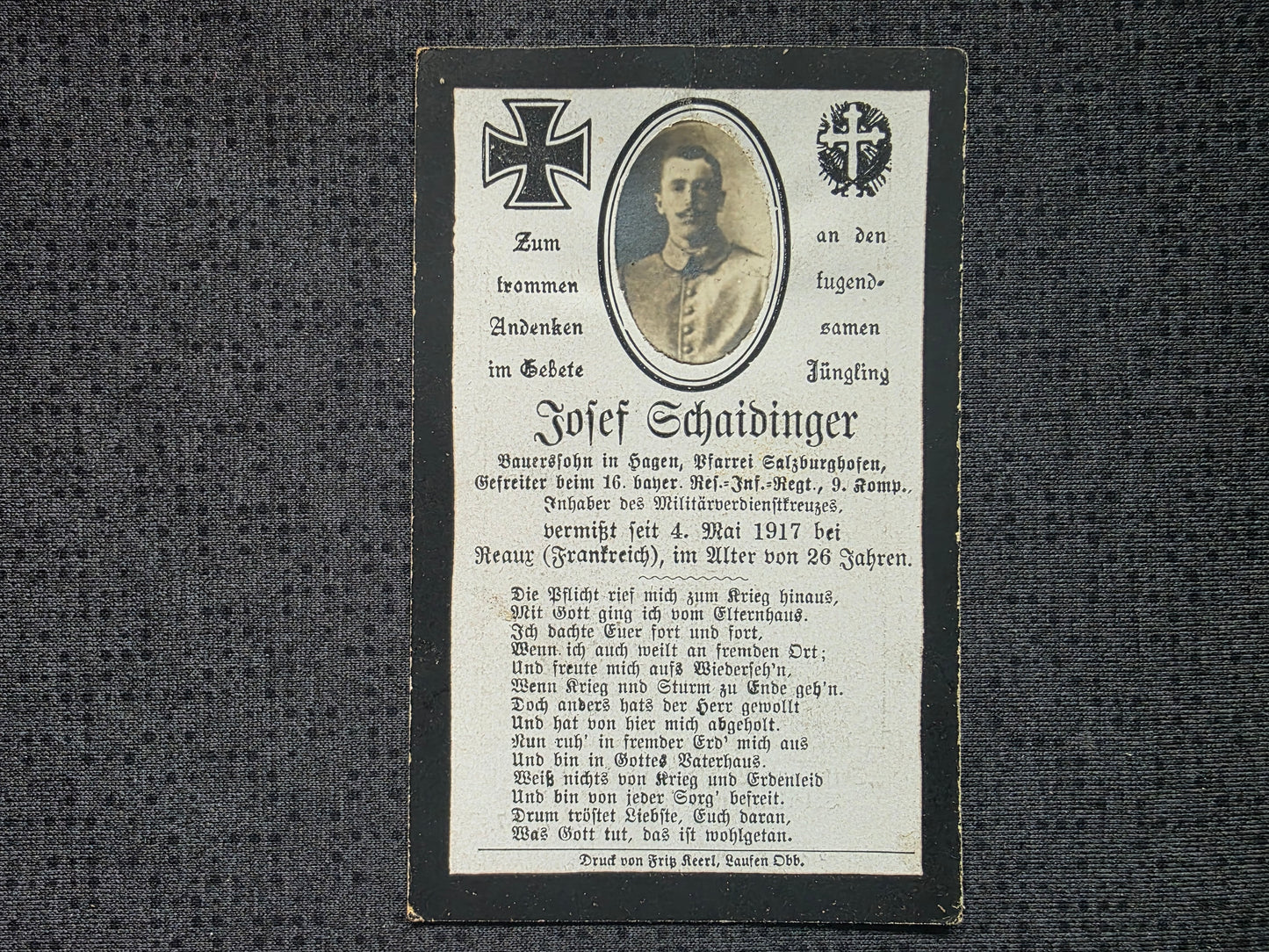 Sterbebild Gefreiter Salzburghofen 9. Komp. Inf. Regt. 16 Echtfoto Réaux Frankreich