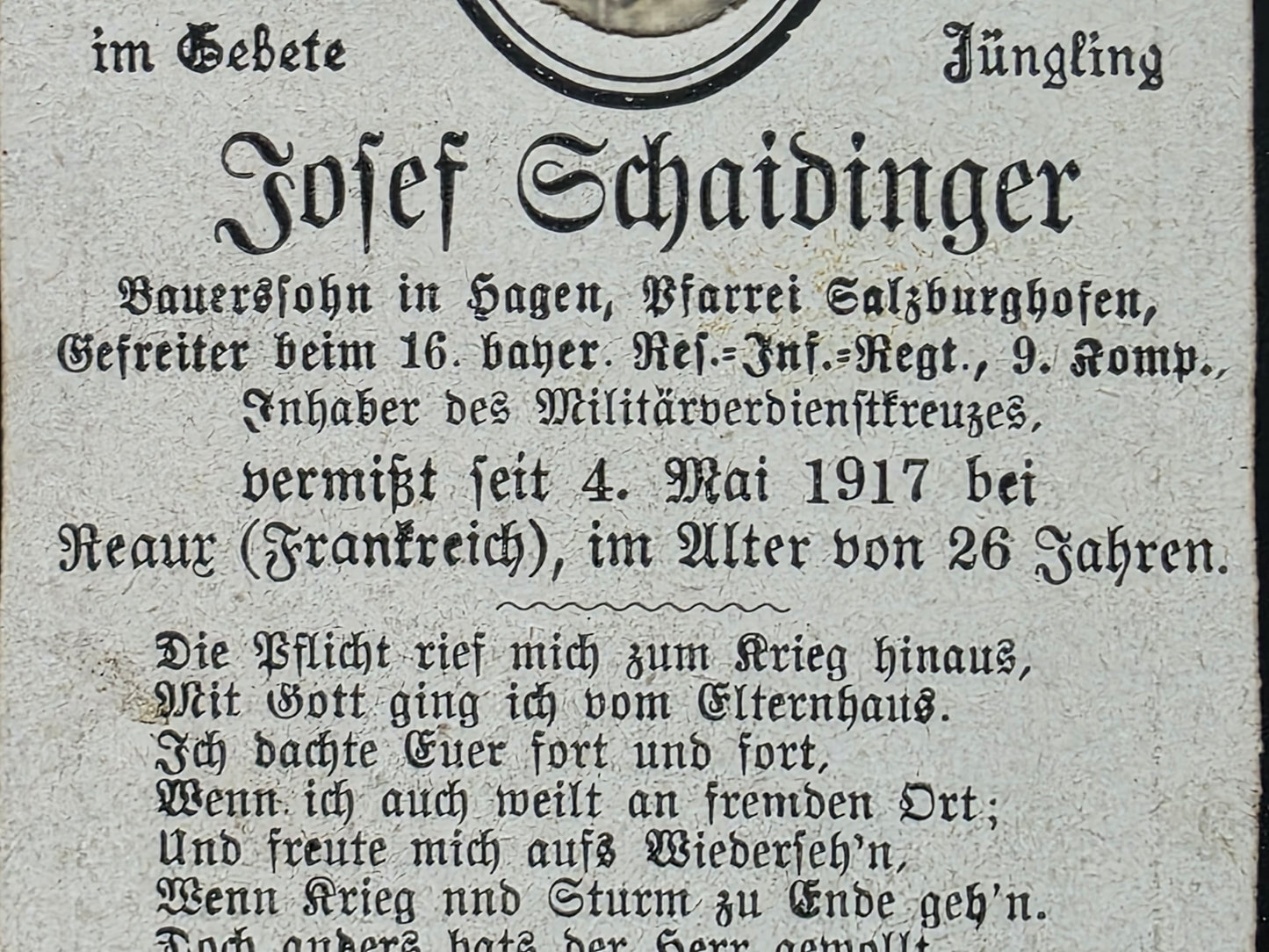 Sterbebild Gefreiter Salzburghofen 9. Komp. Inf. Regt. 16 Echtfoto Réaux Frankreich