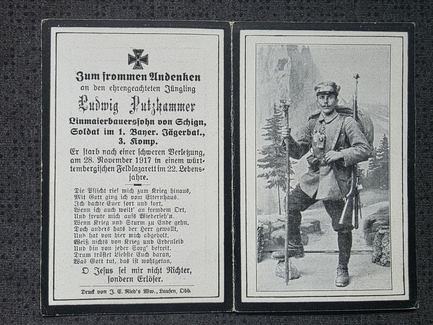 Sterbebild Soldat Schign 3. Komp. Bay. Jäger Btl. 1 Feldlazarett Württemberg