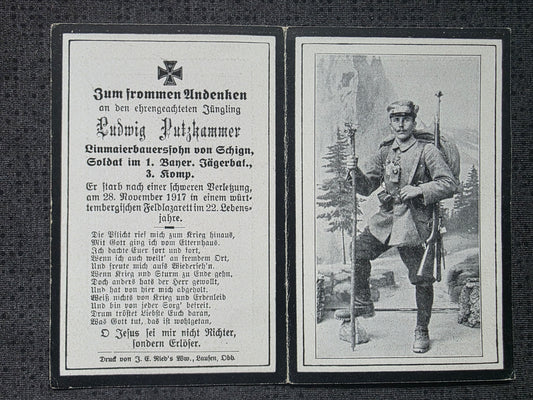 Sterbebild Soldat Schign 3. Komp. Bay. Jäger Btl. 1 Feldlazarett Württemberg