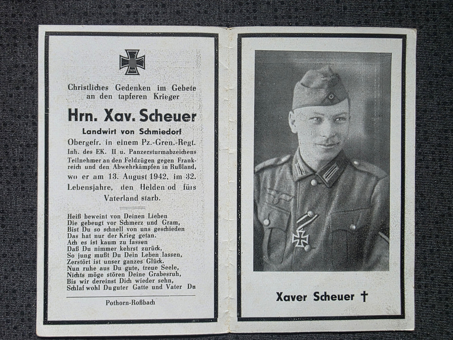 Sterbebild Obergefreiter Rehmbach 6. Komp. Panzer-Gren. Regt. 63 Cholmischtschi Russland