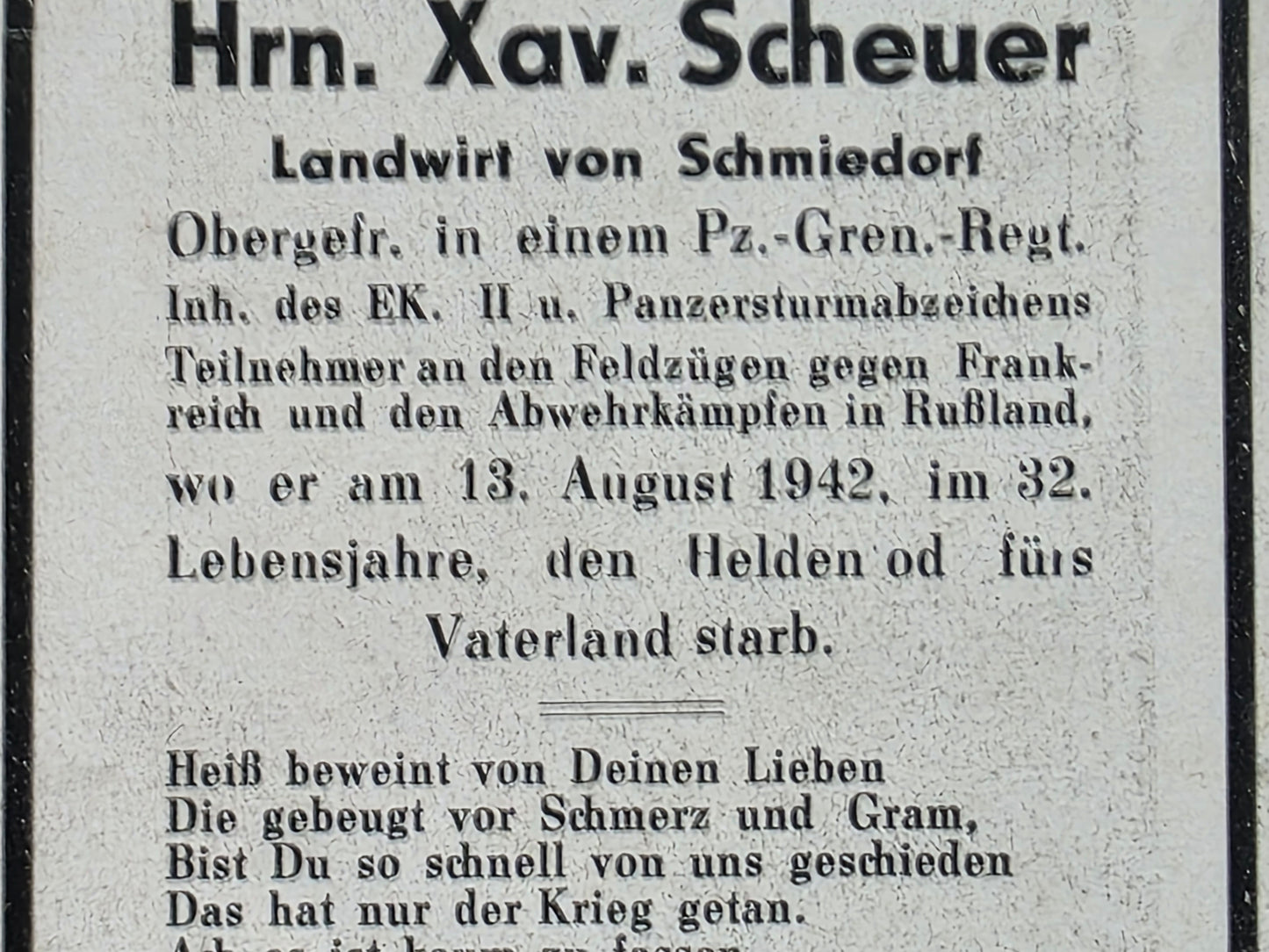 Sterbebild Obergefreiter Rehmbach 6. Komp. Panzer-Gren. Regt. 63 Cholmischtschi Russland