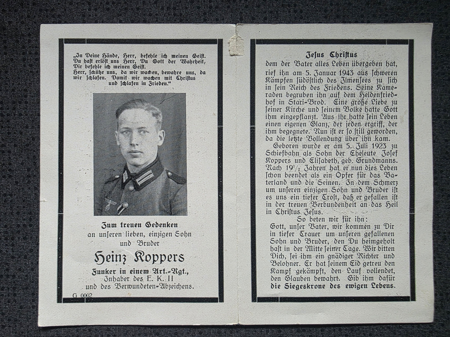 Sterbebild Kanonier Funker Schiefbahn Stabsbatterie IV/Art. Regt. 329 Stary Brod Ilmensee Russland