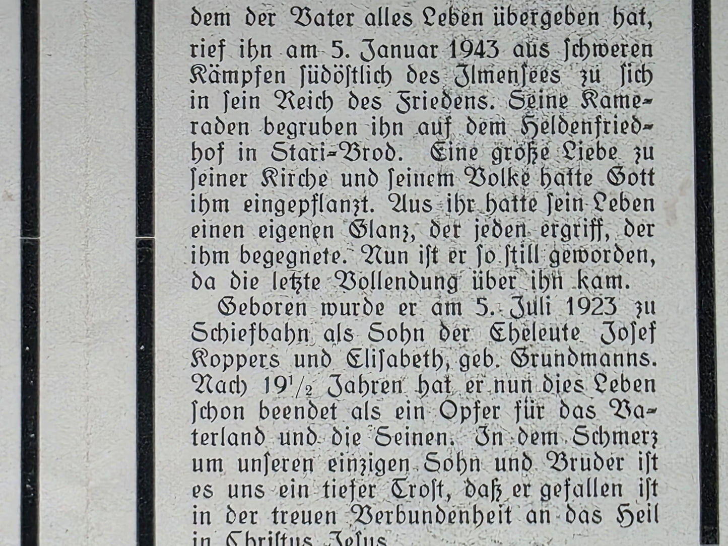 Sterbebild Kanonier Funker Schiefbahn Stabsbatterie IV/Art. Regt. 329 Stary Brod Ilmensee Russland