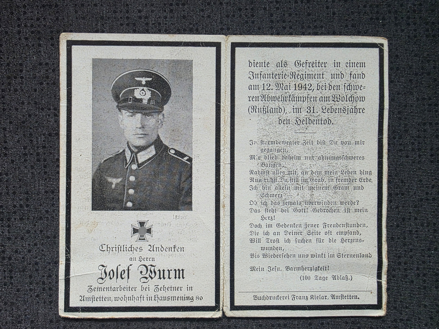 Sterbebild Gefreiter Greinsfurt 2. Komp. Inf. Regt. 407 Mostki Russland