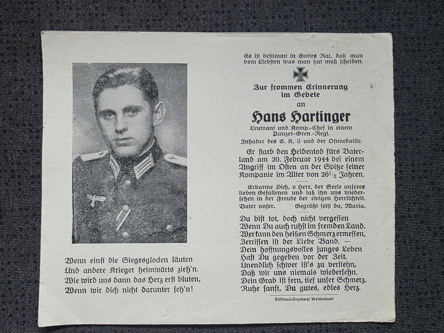 Sterbebild Leutnant & Kompanie-Chef Nürnberg 5. Pz.- Gren. Regt. 12 Poganzy Weissrussland