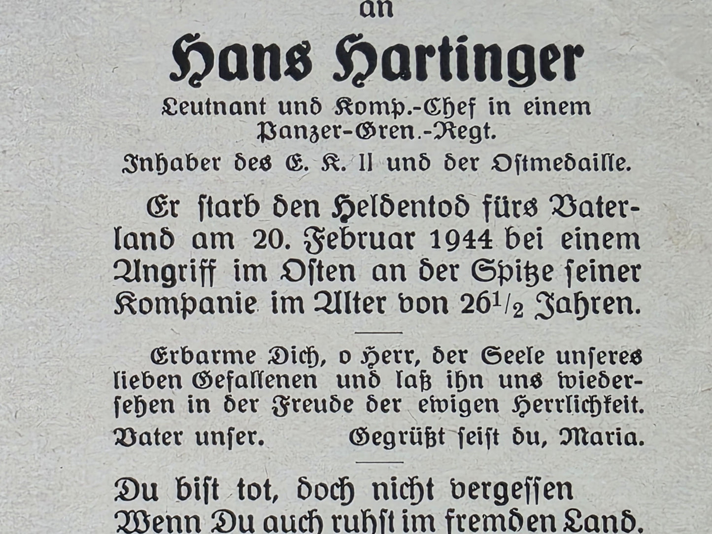 Sterbebild Leutnant & Kompanie-Chef Nürnberg 5. Pz.- Gren. Regt. 12 Poganzy Weissrussland