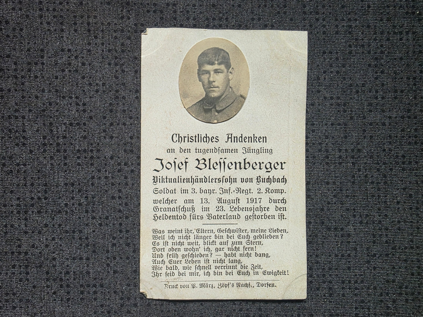 Sterbebild Infanterist Buchbach 2. Komp. Inf. Regt. 3 Echtfoto Mons-en-Laonnois Frankreich