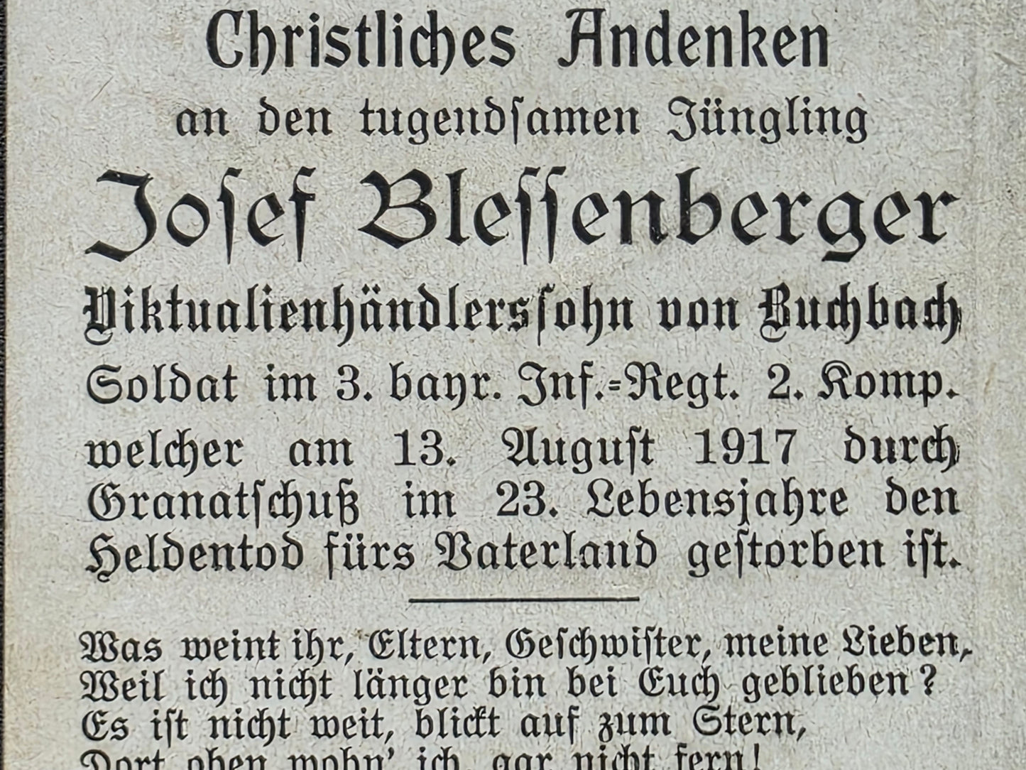 Sterbebild Infanterist Buchbach 2. Komp. Inf. Regt. 3 Echtfoto Mons-en-Laonnois Frankreich