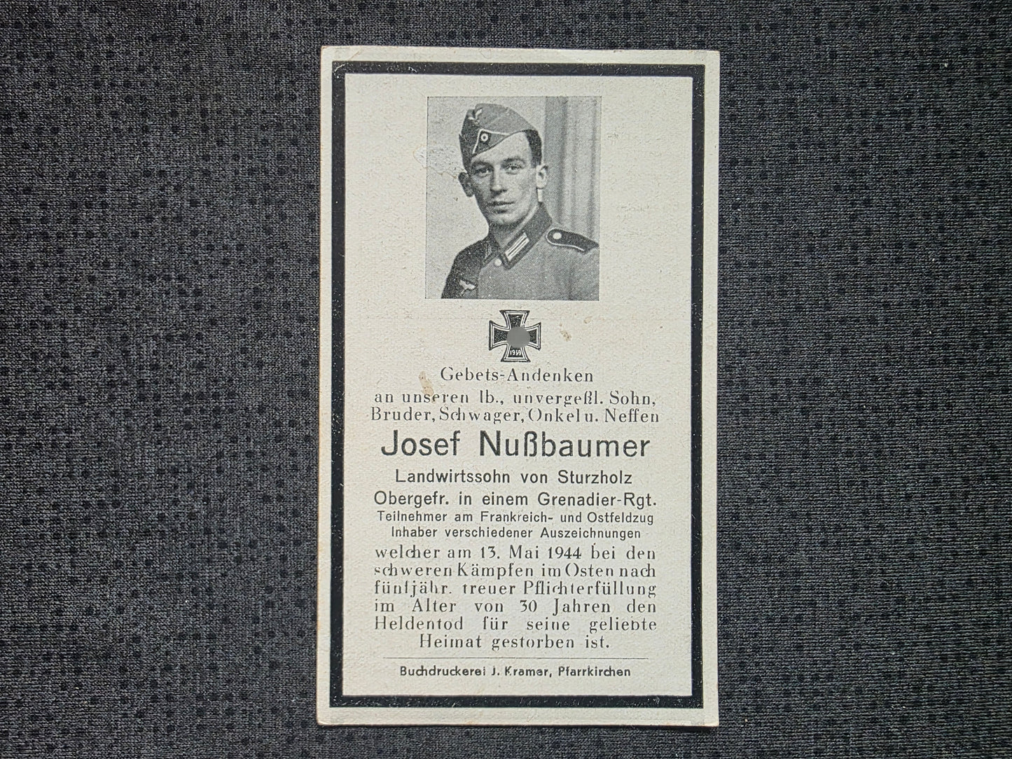 Sterbebild Obergefreiter Sturzholz 10. Komp. Gren. Regt. 423 Podbereskowa Russland