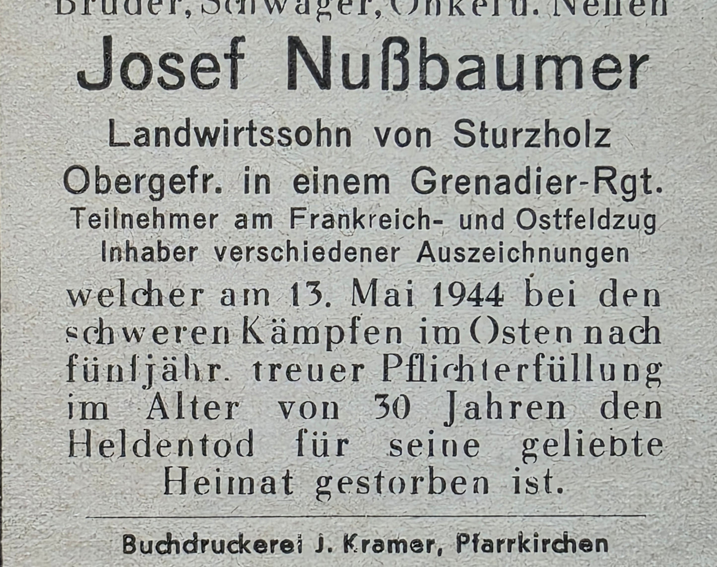 Sterbebild Obergefreiter Sturzholz 10. Komp. Gren. Regt. 423 Podbereskowa Russland