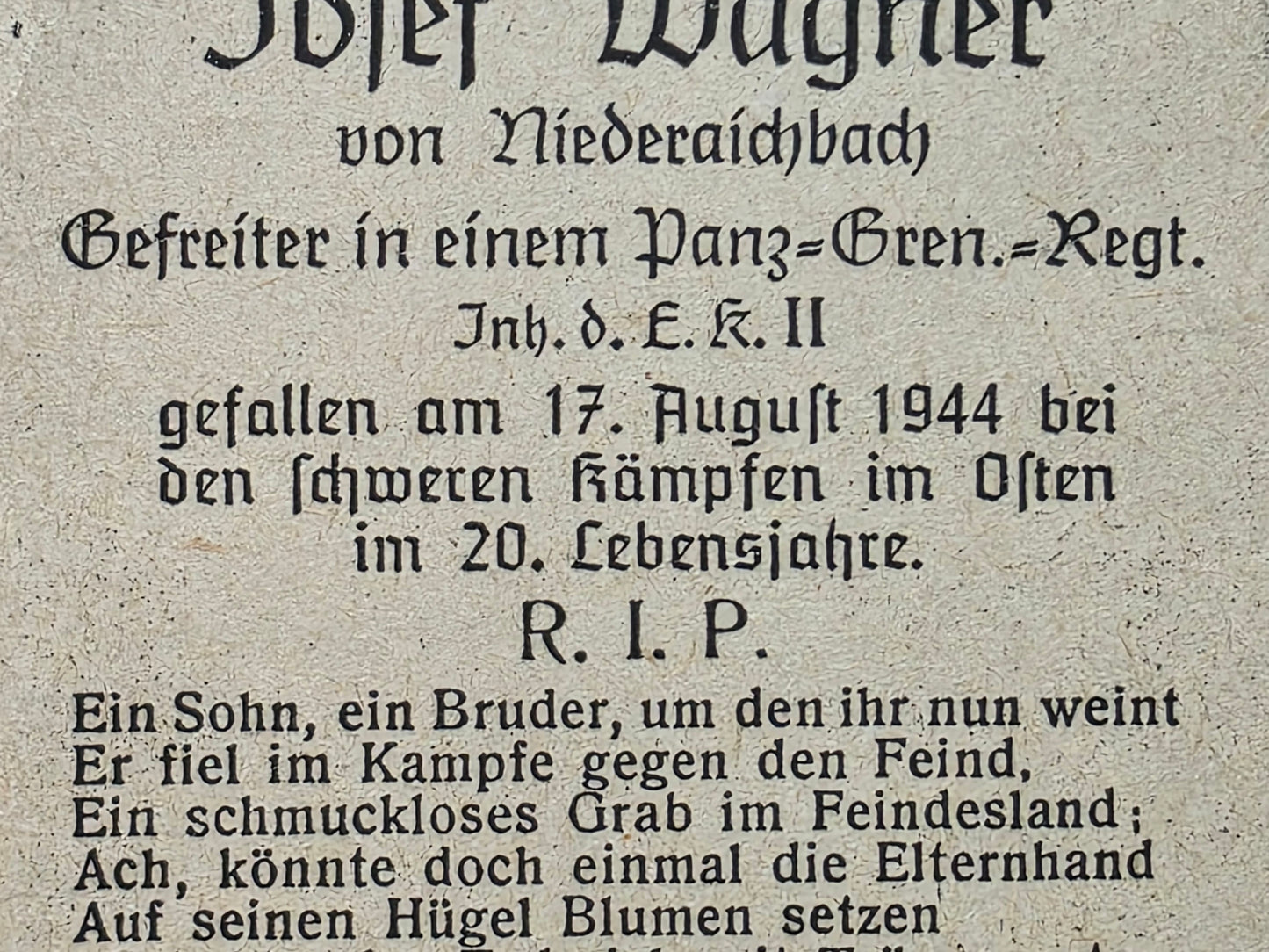 Sterbebild Gefreiter Niederaichbach 2. Komp. Panzer-Gren. Regt. 40 Chrząstówka Polen