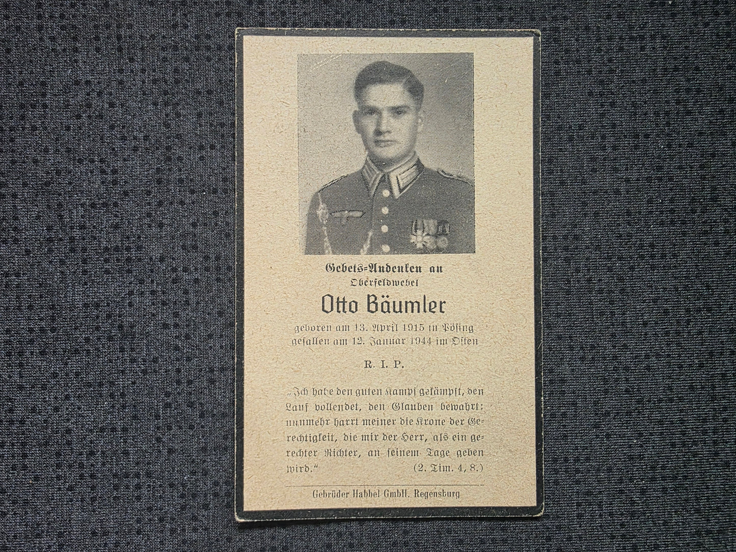 Sterbebild Oberfeldwebel Pösing Stab Korpsabteilung C Osten