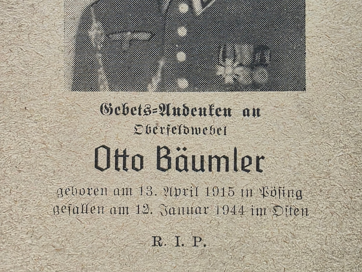 Sterbebild Oberfeldwebel Pösing Stab Korpsabteilung C Osten