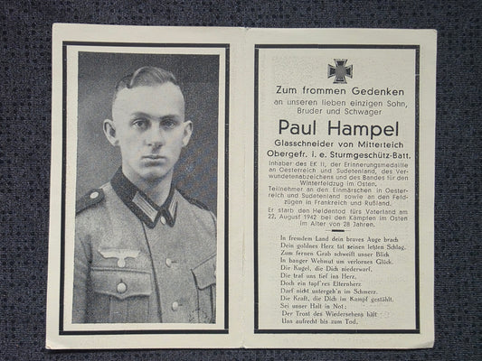 Sterbebild Obergefreiter Mitterteich 3. Batterie Sturm-Geschütz Abt. 189 Österreichmedaille Lunewo Russland