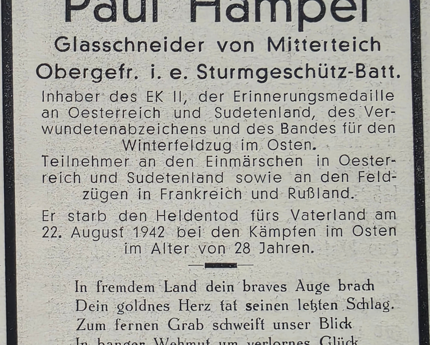 Sterbebild Obergefreiter Mitterteich 3. Batterie Sturm-Geschütz Abt. 189 Österreichmedaille Lunewo Russland