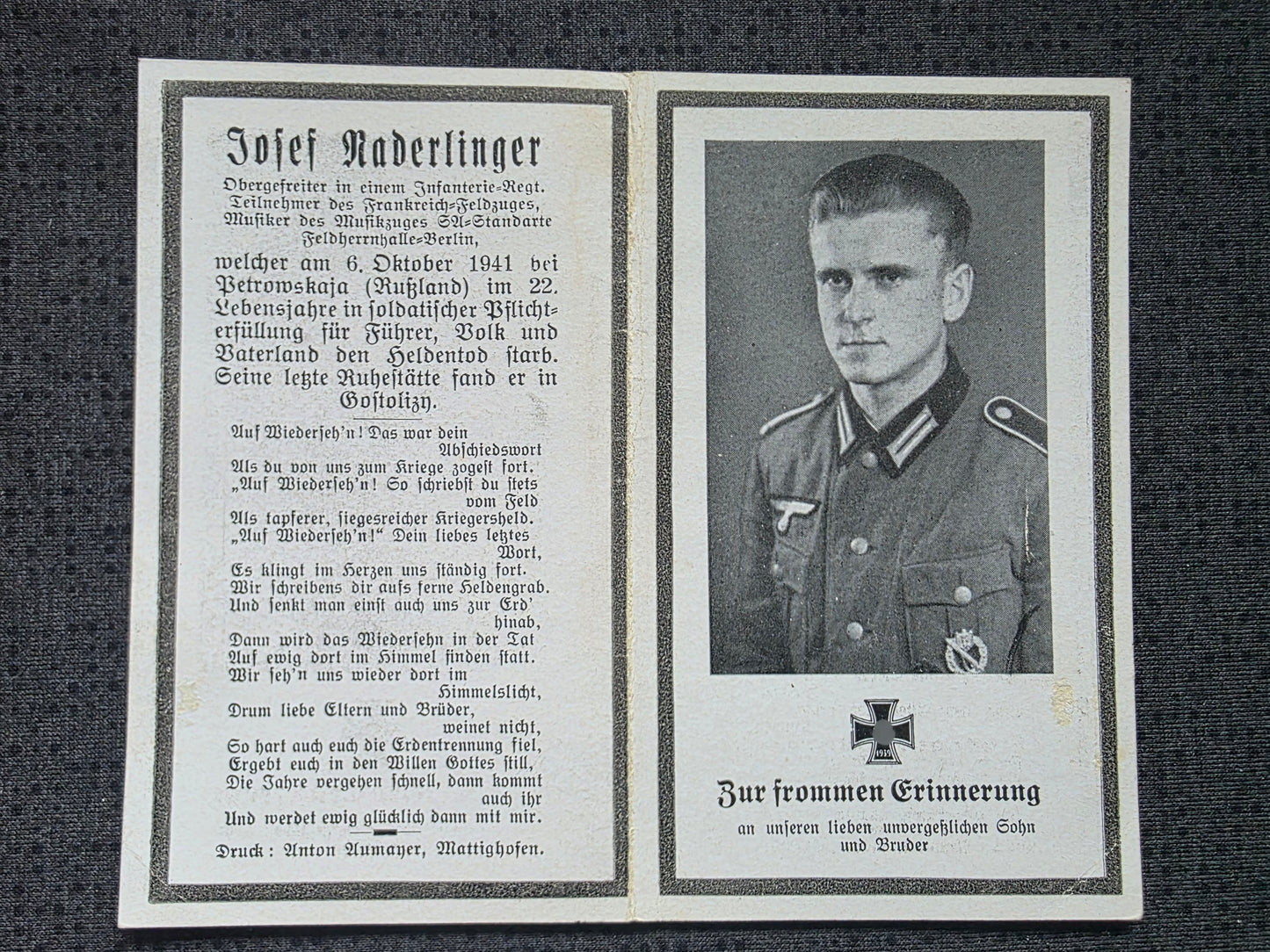 Sterbebild Obergefreiter Infanterie Regt. Musikkorps Feldherrnhalle Berlin FHH Petrowskaja Russland