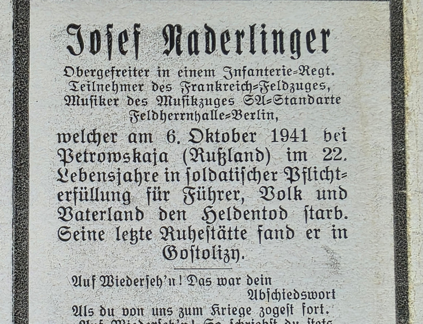 Sterbebild Obergefreiter Infanterie Regt. Musikkorps Feldherrnhalle Berlin FHH Petrowskaja Russland