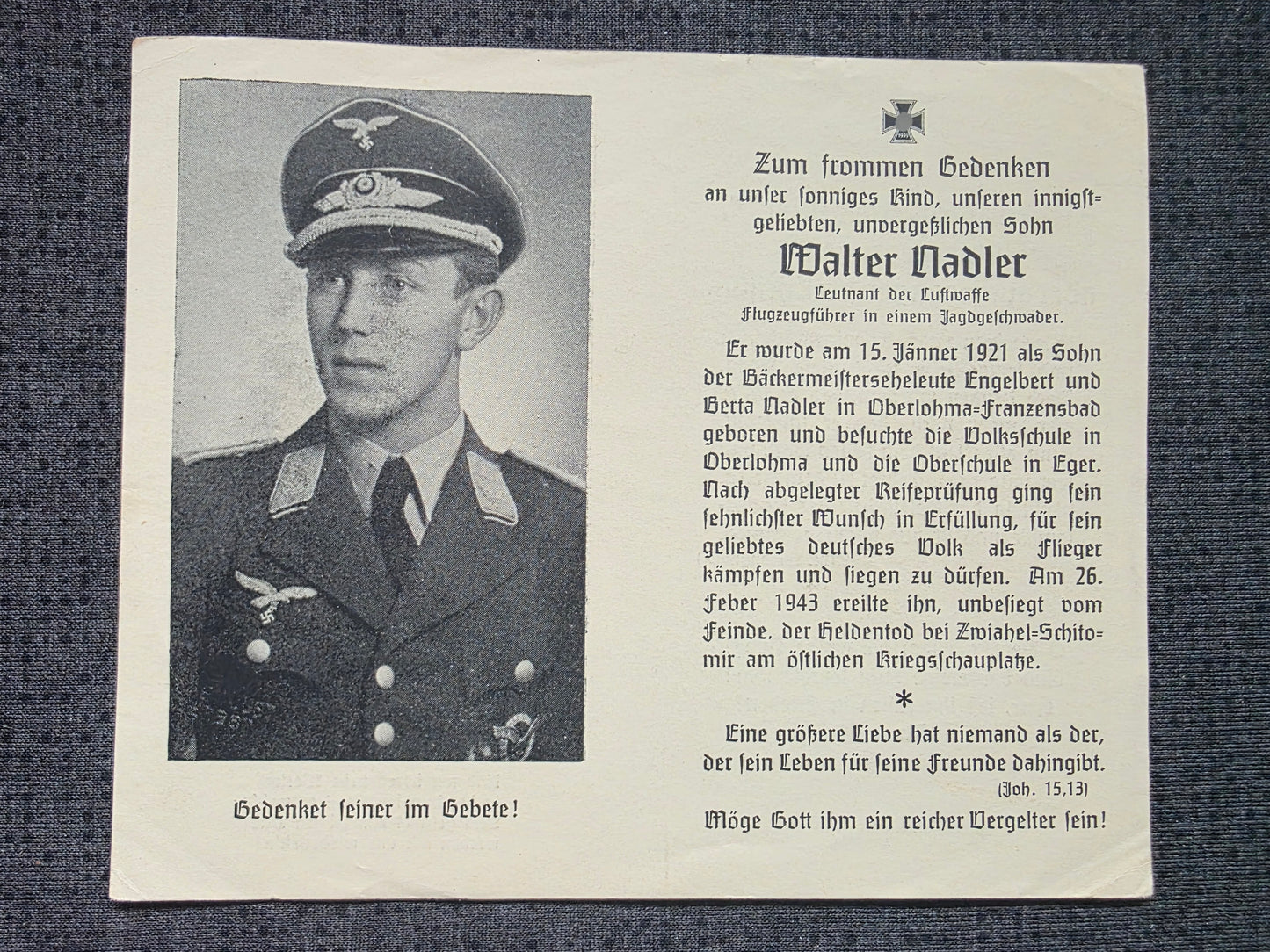 Sterbebild Leutnant Oberlohna Pilot Überführungs-Kommando D 8 Krakau III./ Jagdgruppe Süd Grabfoto Zwiahel Ukraine