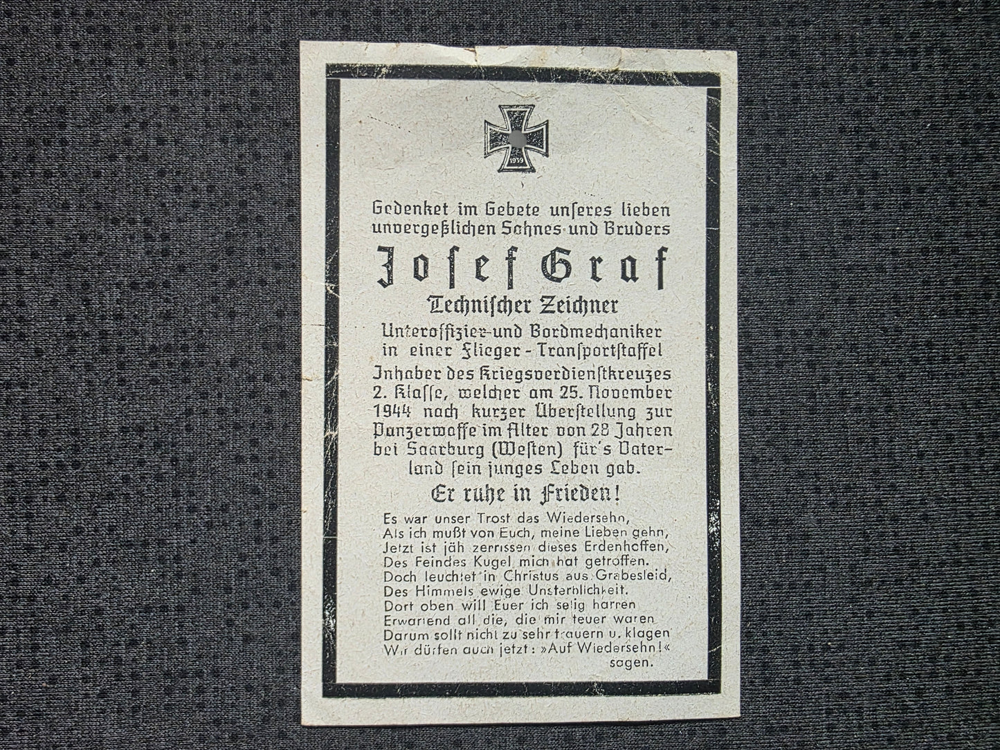 Sterbebild Unteroffizier Schardenberg Flieger später Panzerwaffe Oberleuken Kastel-Staadt Westen