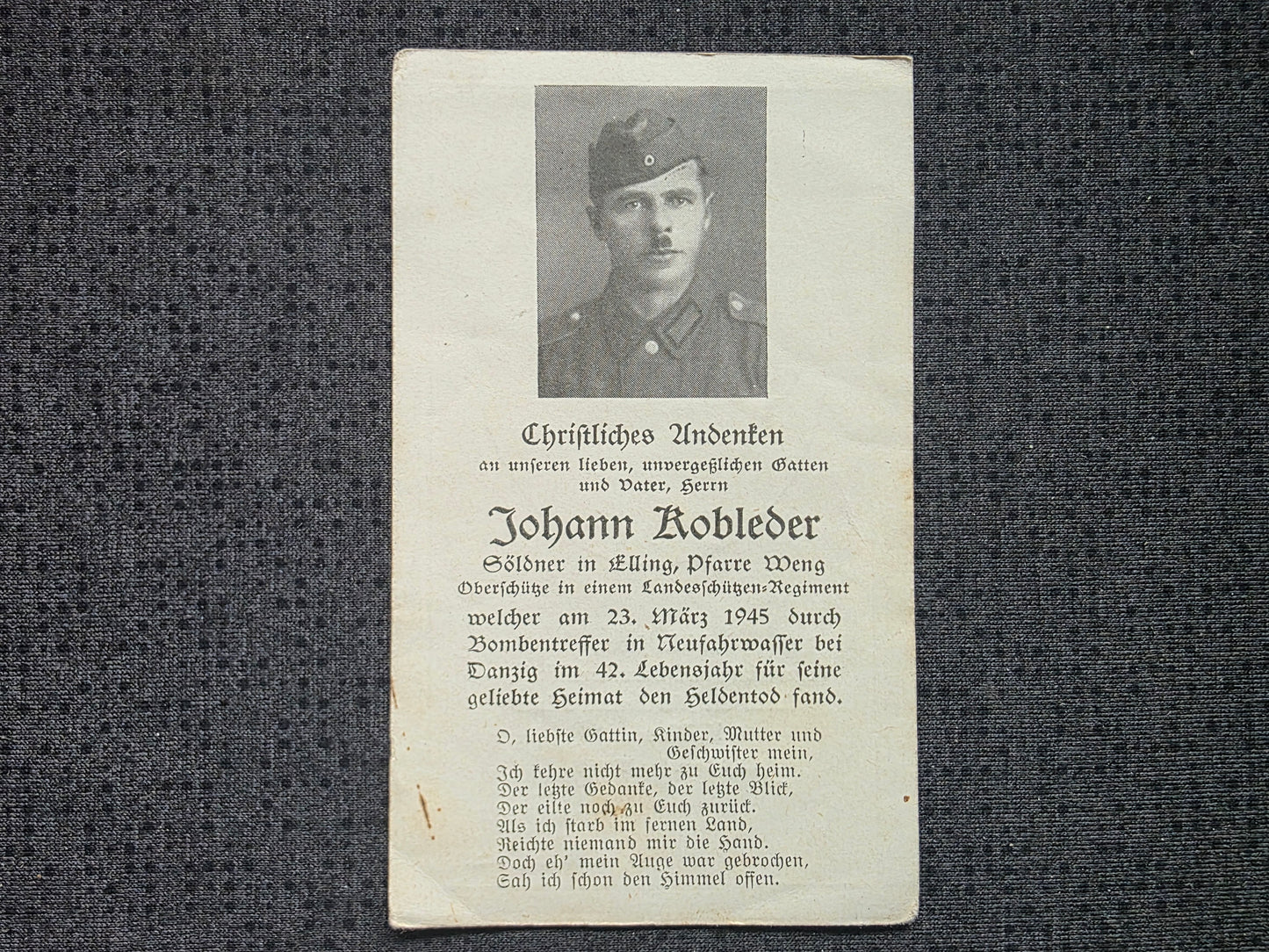 Sterbebild Oberschütze Elling Landesschützen Regt. Endkampf Danzig Polen