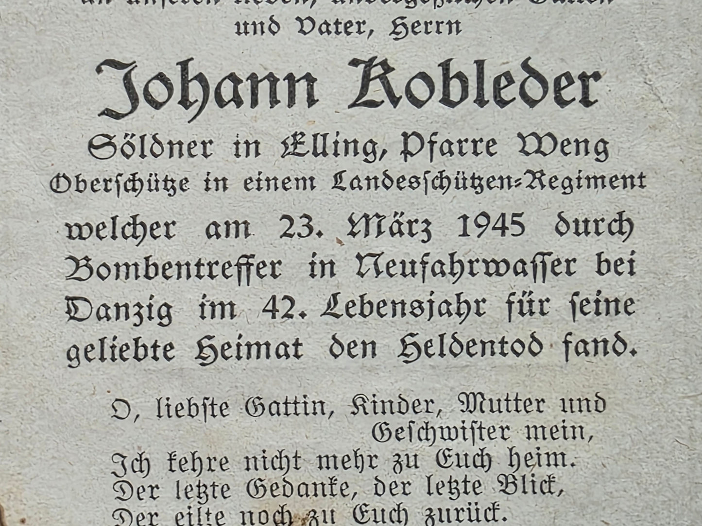 Sterbebild Oberschütze Elling Landesschützen Regt. Endkampf Danzig Polen