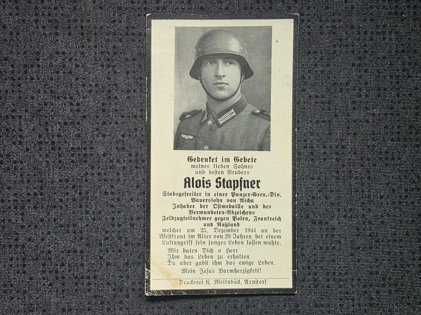 Sterbebild Stabsgefreiter Aicha Panzer-Grenadier Regt. Ardennen Westfront Belgien Frankreich