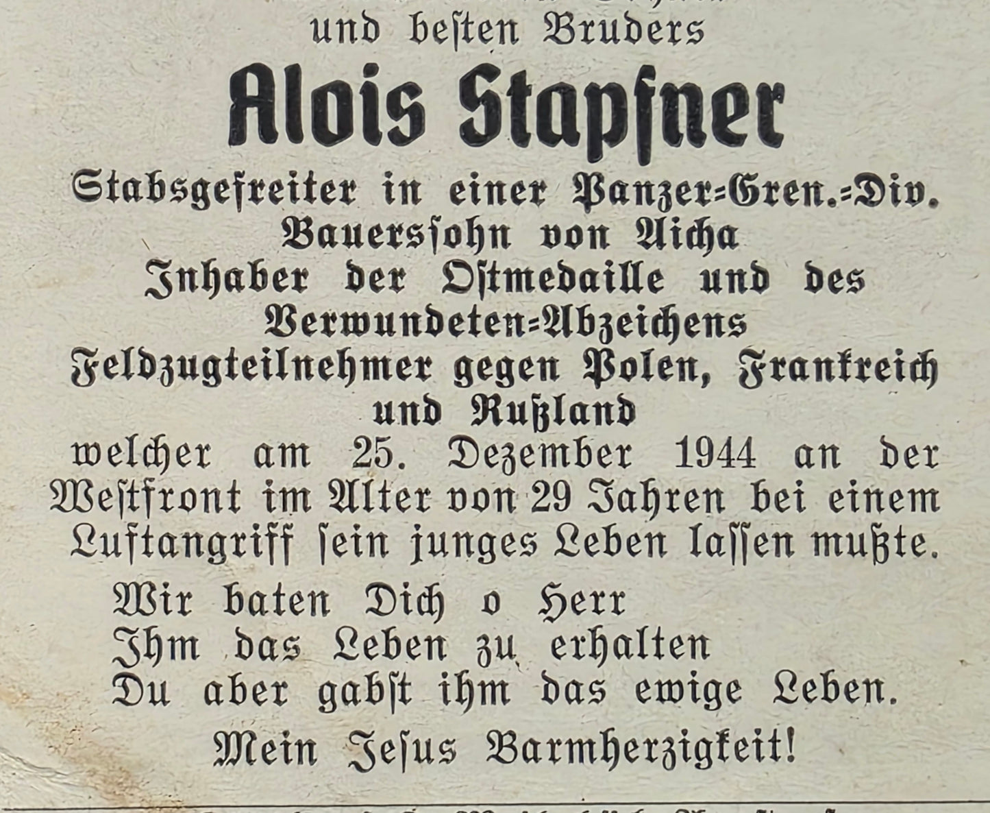 Sterbebild Stabsgefreiter Aicha Panzer-Grenadier Regt. Ardennen Westfront Belgien Frankreich