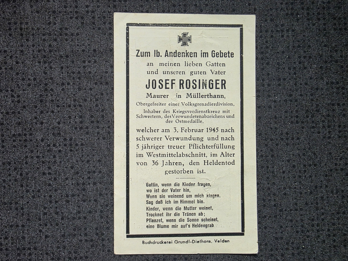 Sterbebild Obergefreiter Obervilslern Volkgrenadierdivision VGD Endkampf Bad Neuenahr Deutschland