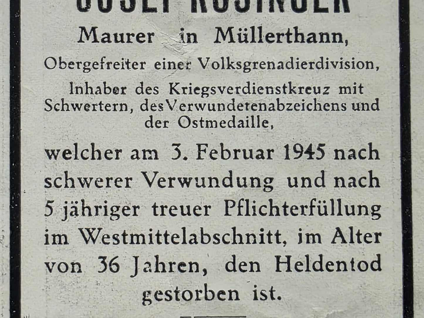 Sterbebild Obergefreiter Obervilslern Volkgrenadierdivision VGD Endkampf Bad Neuenahr Deutschland