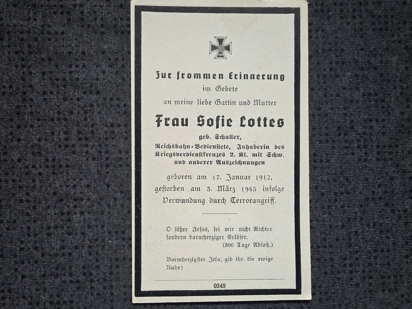 Sterbebild Reichsbahn-Bedienteste KVK weitere Auszeichnungen Terrorangriff 1945