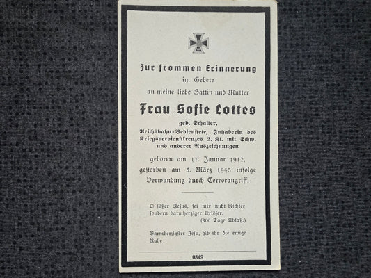 Sterbebild Reichsbahn-Bedienteste KVK weitere Auszeichnungen Terrorangriff 1945