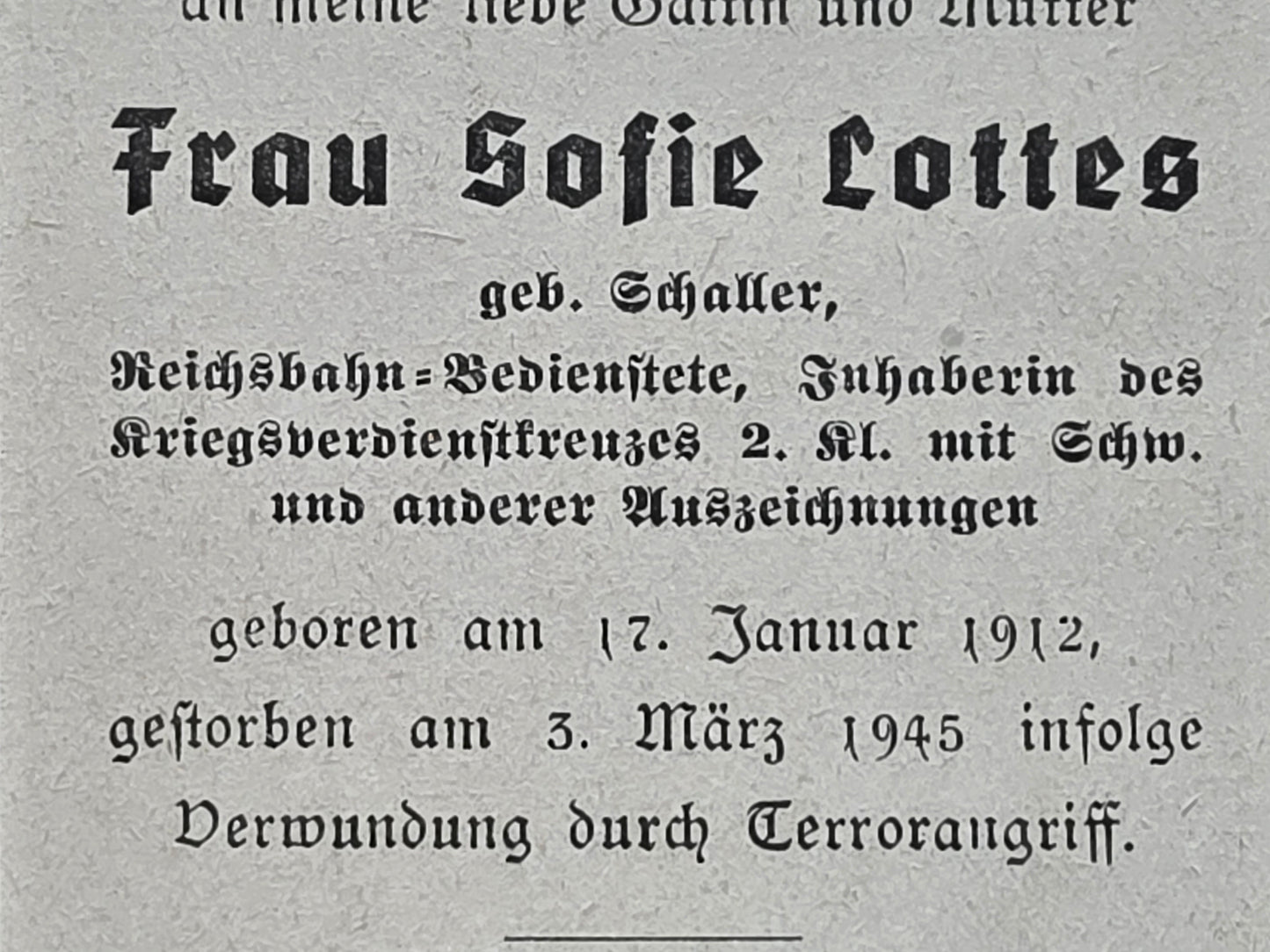 Sterbebild Reichsbahn-Bedienteste KVK weitere Auszeichnungen Terrorangriff 1945