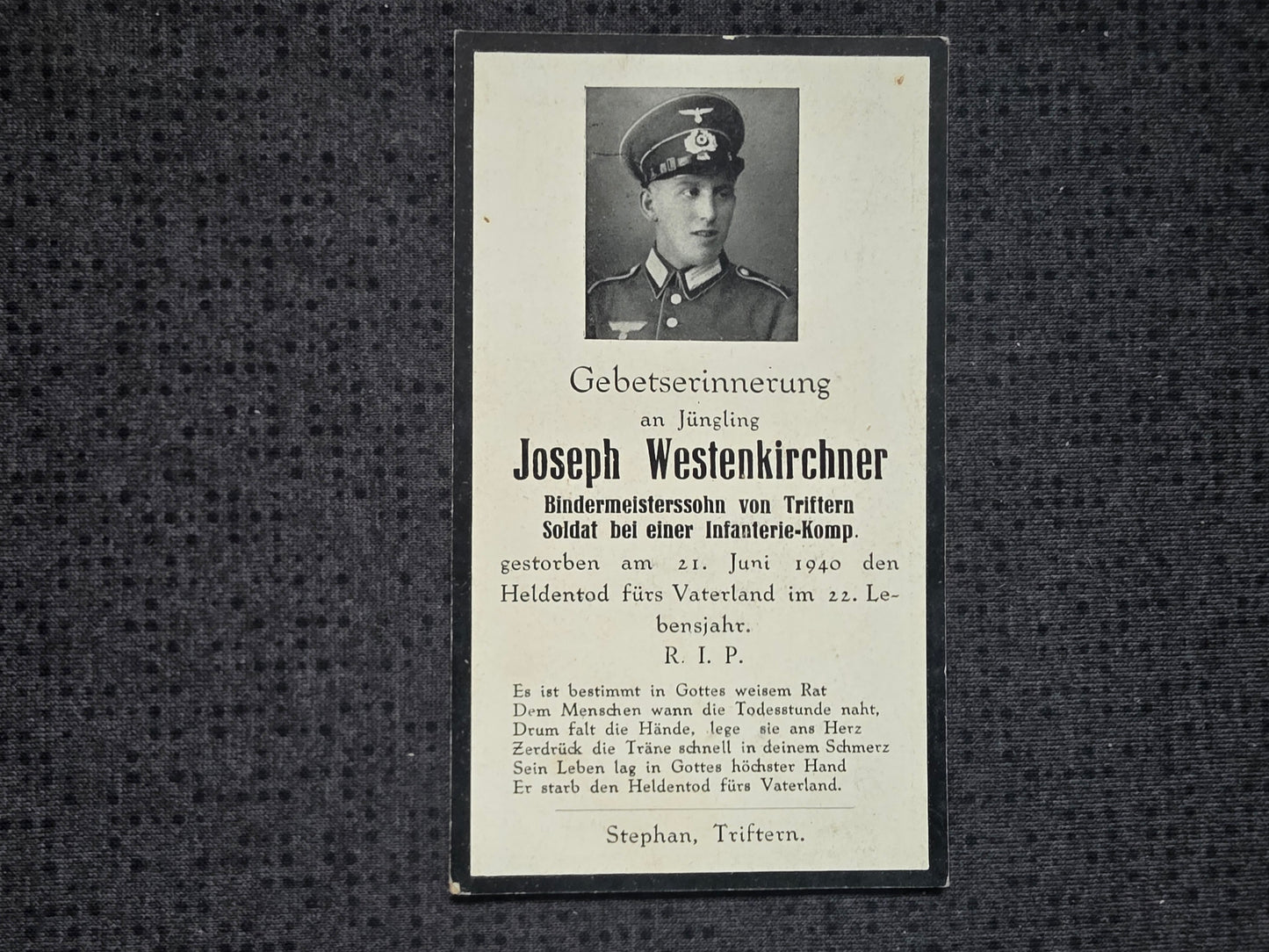 Sterbebild Schütze Triftern 11. Komp. Inf. Regt. 62 Scheldeübergang Tournai Belgien