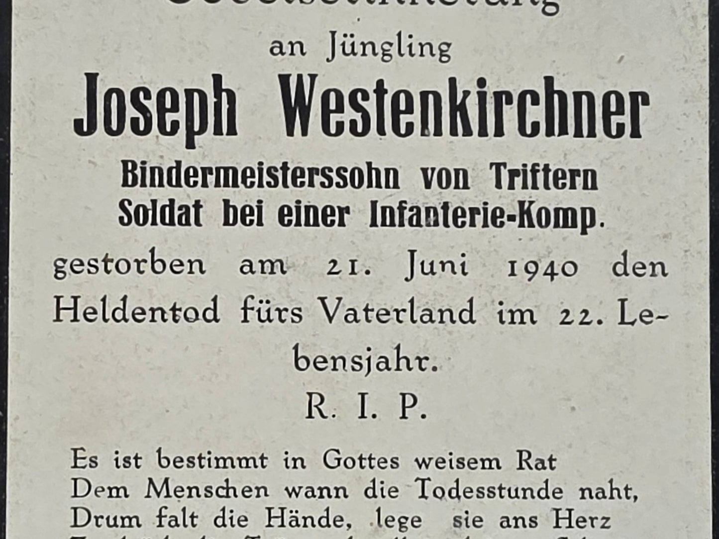 Sterbebild Schütze Triftern 11. Komp. Inf. Regt. 62 Scheldeübergang Tournai Belgien