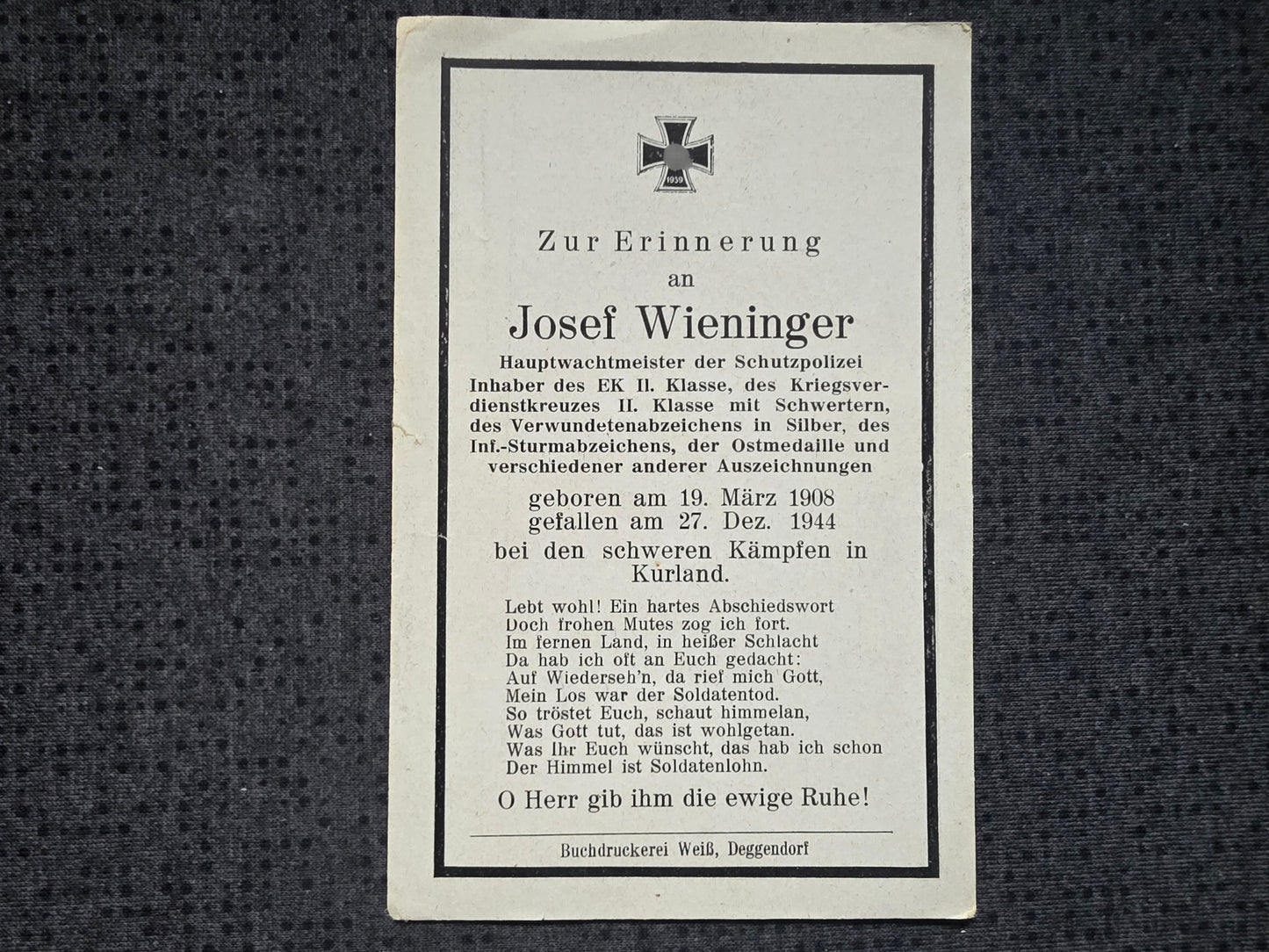 Sterbebild Hauptwachtmeister Passau Schutzpolizei Vanagi Kurland Lettland